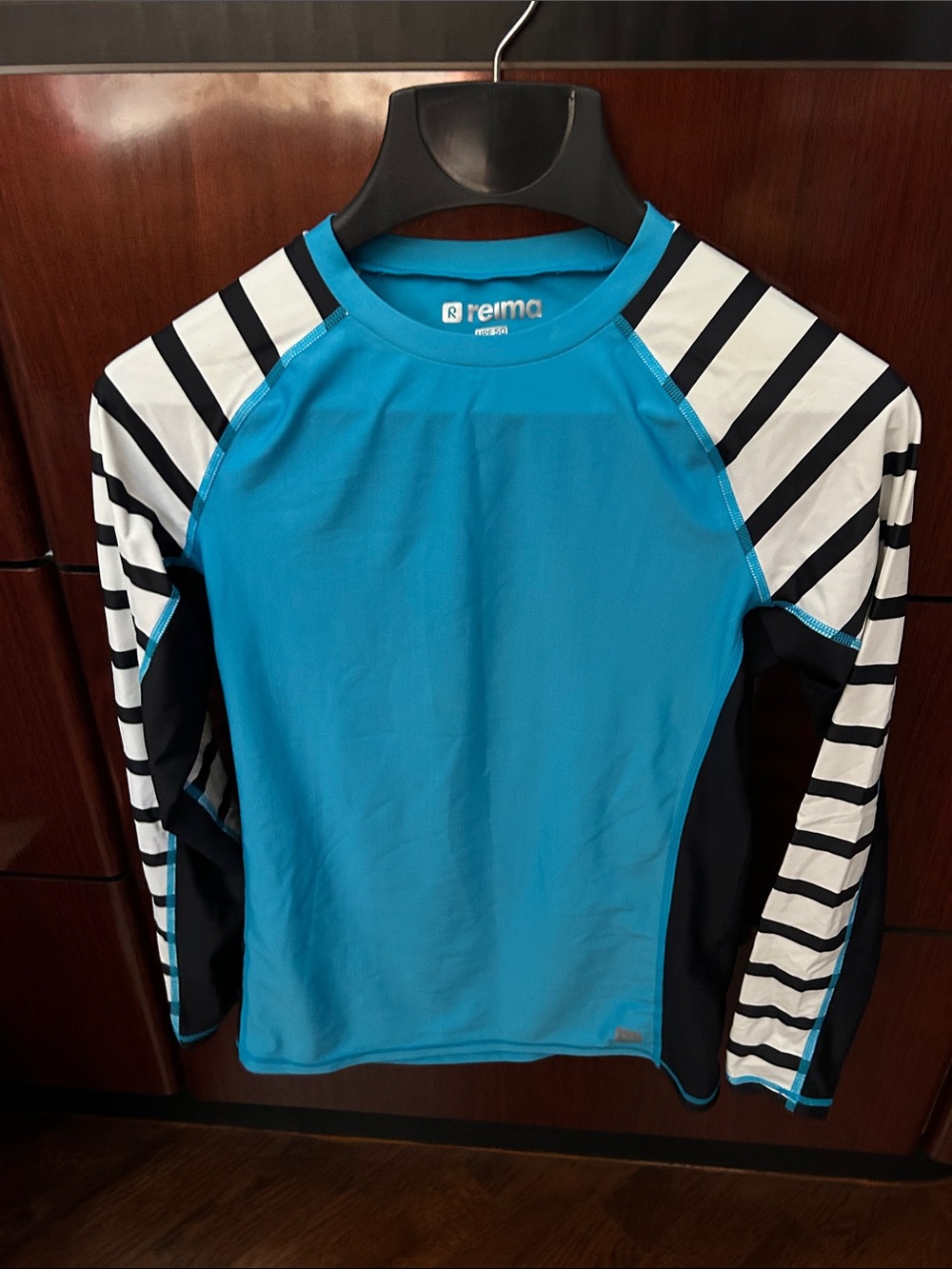 Reima Kids' Long-Sleeve Rashguard in Bright Teal with Striped Sleeves